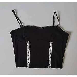 7Day‎ Wknd Cropped Rib Knit Cami Tank Top Large Lace Trim Coquette Retro
